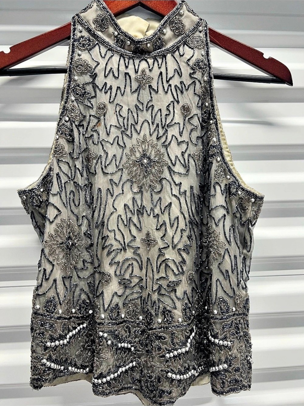 VINTAGE Papell Boutique Evening Beaded Silver Silk Blouse